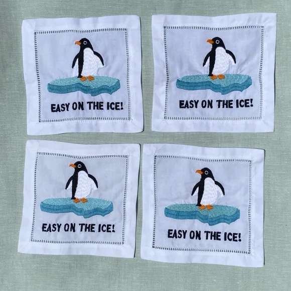 Set of 4 August Morgan Easy on the Ice penguin embroidered 6" cocktail napkins - Picture 1 of 7